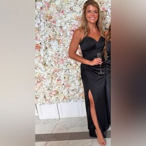 Black satin bridesmaid’s dress